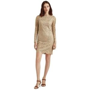 LAUREN Ralph Lauren Long Sleeve Scallop Hem Metallic Lace Cocktail Dress in Gold